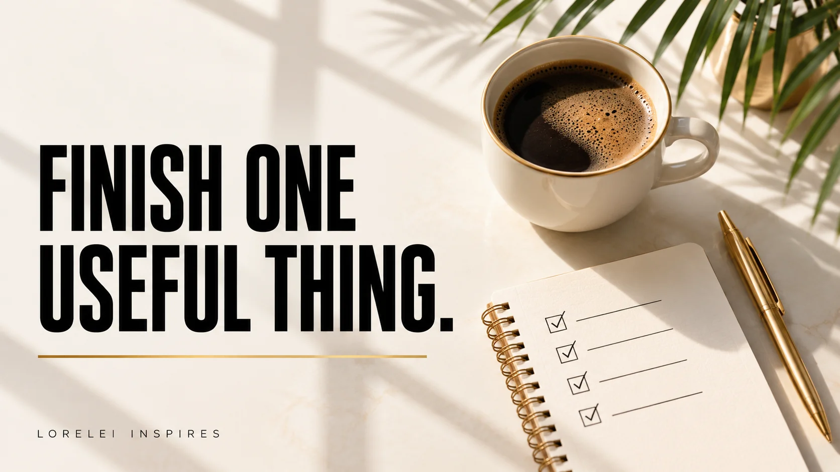 An overhead view of coffee, a notebook, and a gold pen in warm window light with the headline Finish one useful thing.